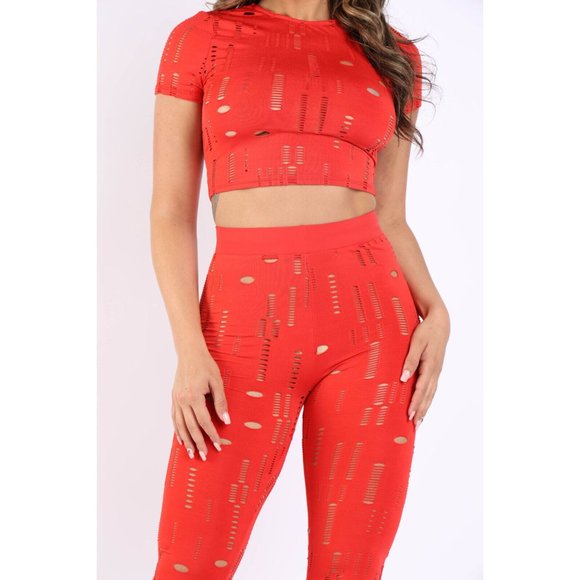 Women s Two-Piece Distressed Crew Neck Crop Tops And High Waist Leggings Set - Picture 2 of 12